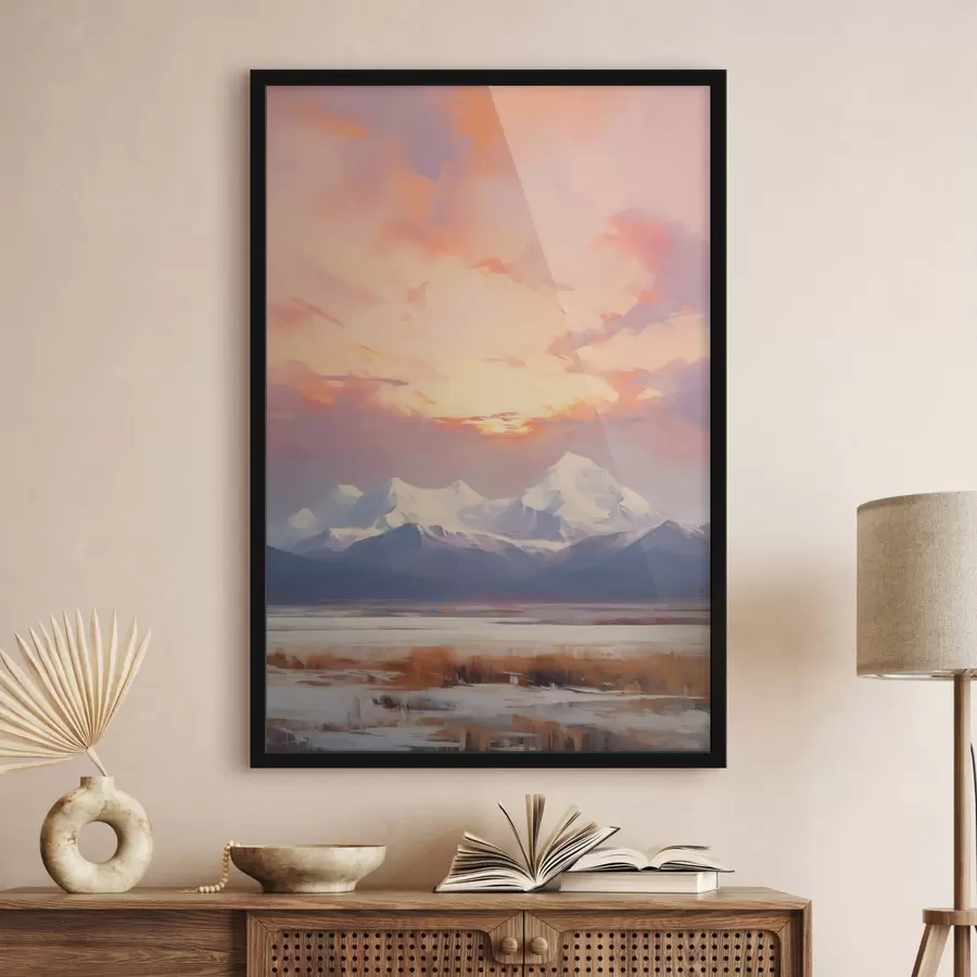 Fotobehang Met sneeuw bedekte bergen onder een levendige oranje en roze lucht met wolken f48742