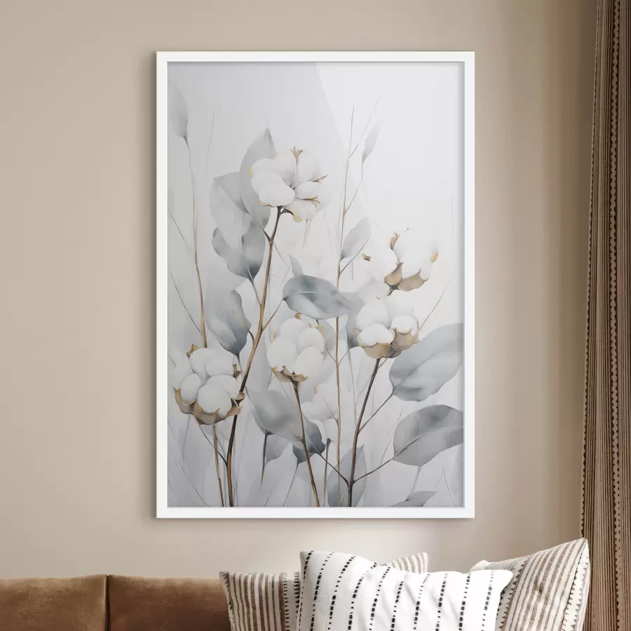 Fotobehang Een witte katoenplant met lichtblauwgroene bladeren tegen een lichte achtergrond f48743
