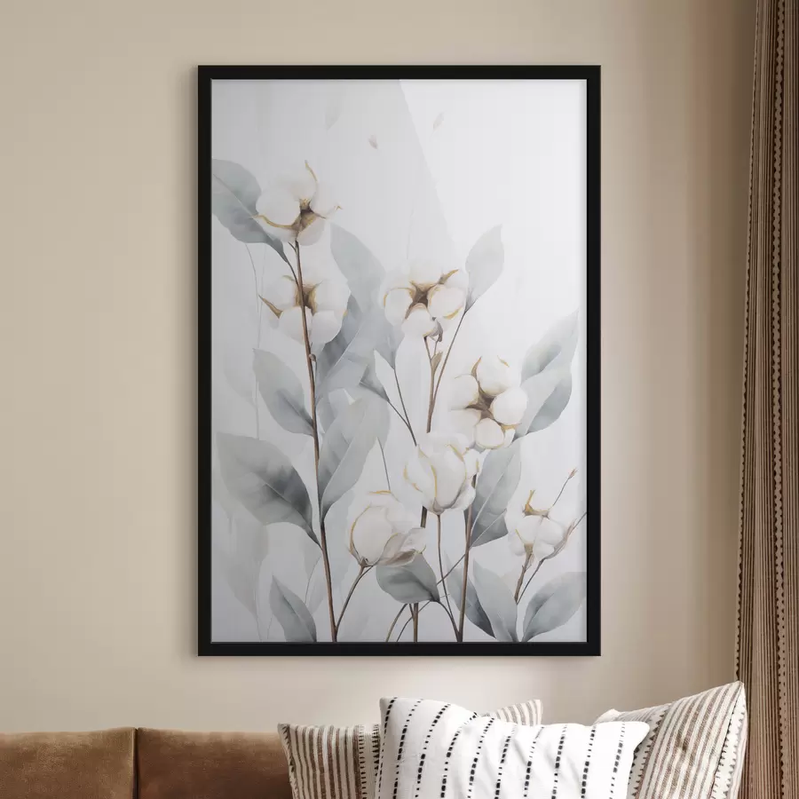 Fotobehang Een witte katoenplant met lichtblauwgroene bladeren tegen een lichte achtergrond f48744