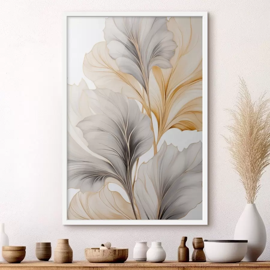 Fotobehang Grote, doorschijnende bladeren in grijze en gele tinten f48745