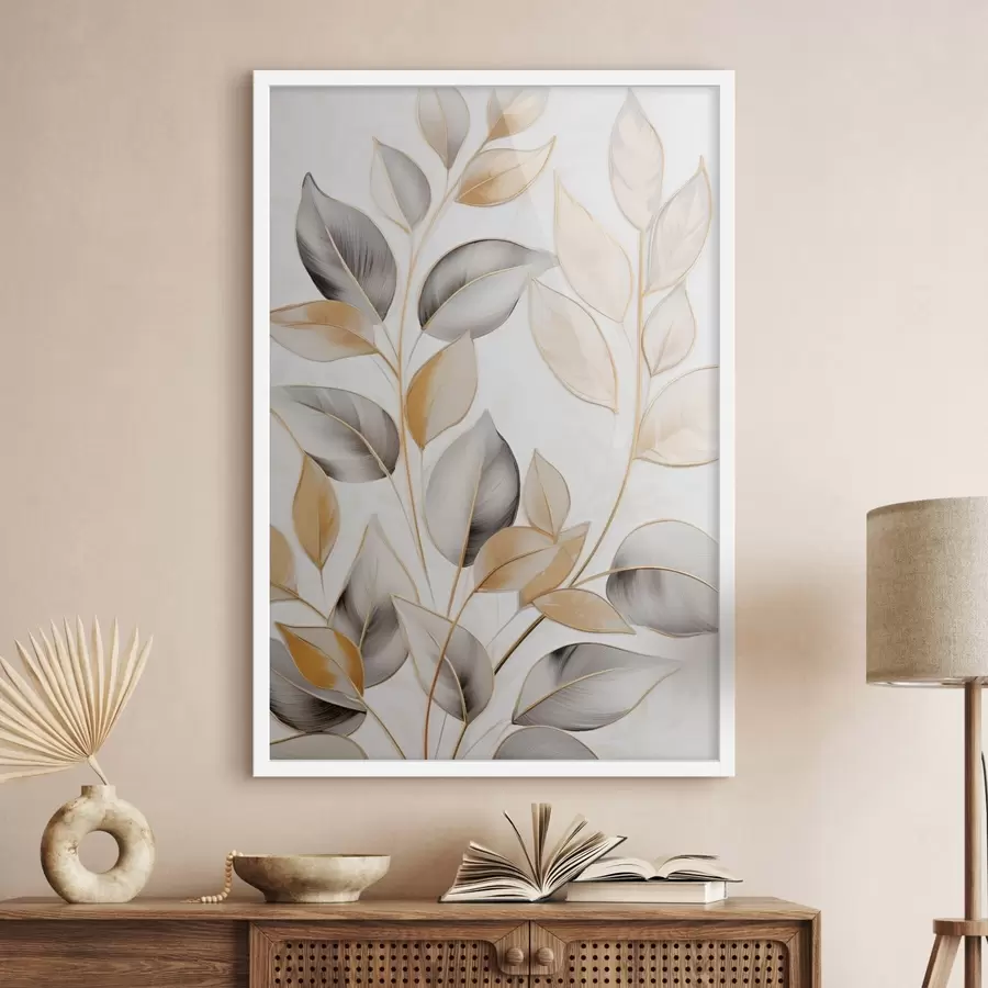 Fotobehang Grote, doorschijnende bladeren in grijze en gele tinten f48746