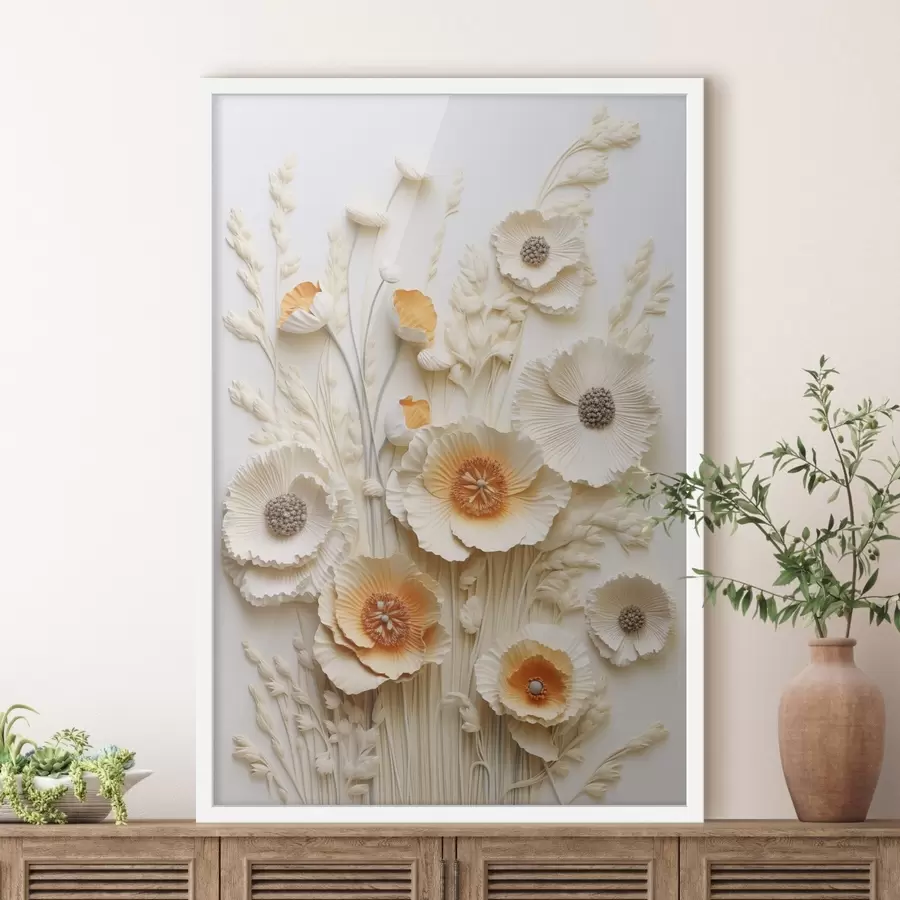 Fotobehang Een boeket van crèmekleurige en oranje klaprozen met gedroogde tarwestengels f48747