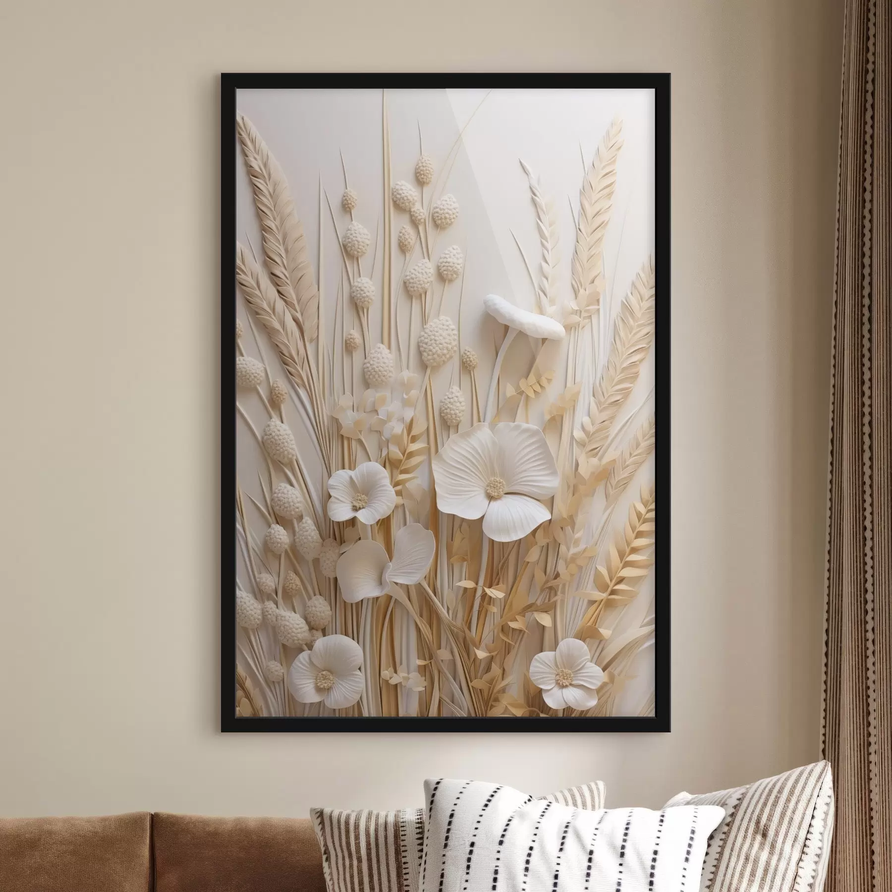 Fotobehang Een boeket crèmekleurige klaprozen met gedroogde tarwestengels f48748