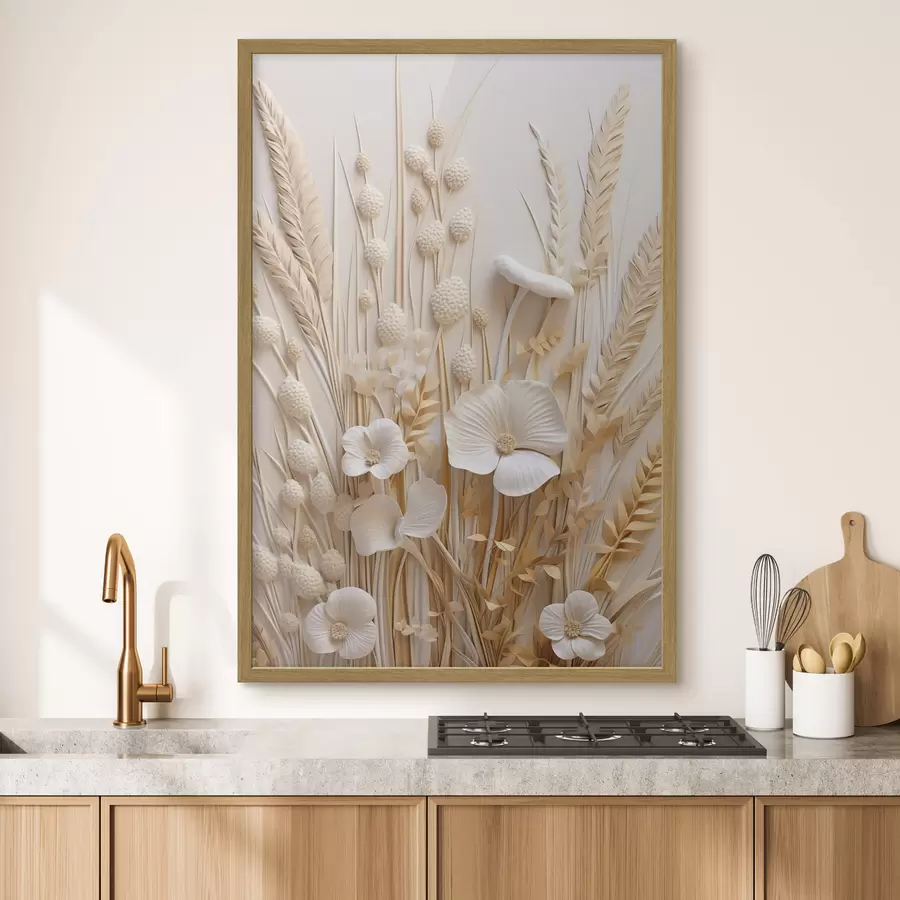 Fotobehang Een boeket crèmekleurige klaprozen met gedroogde tarwestengels f48748