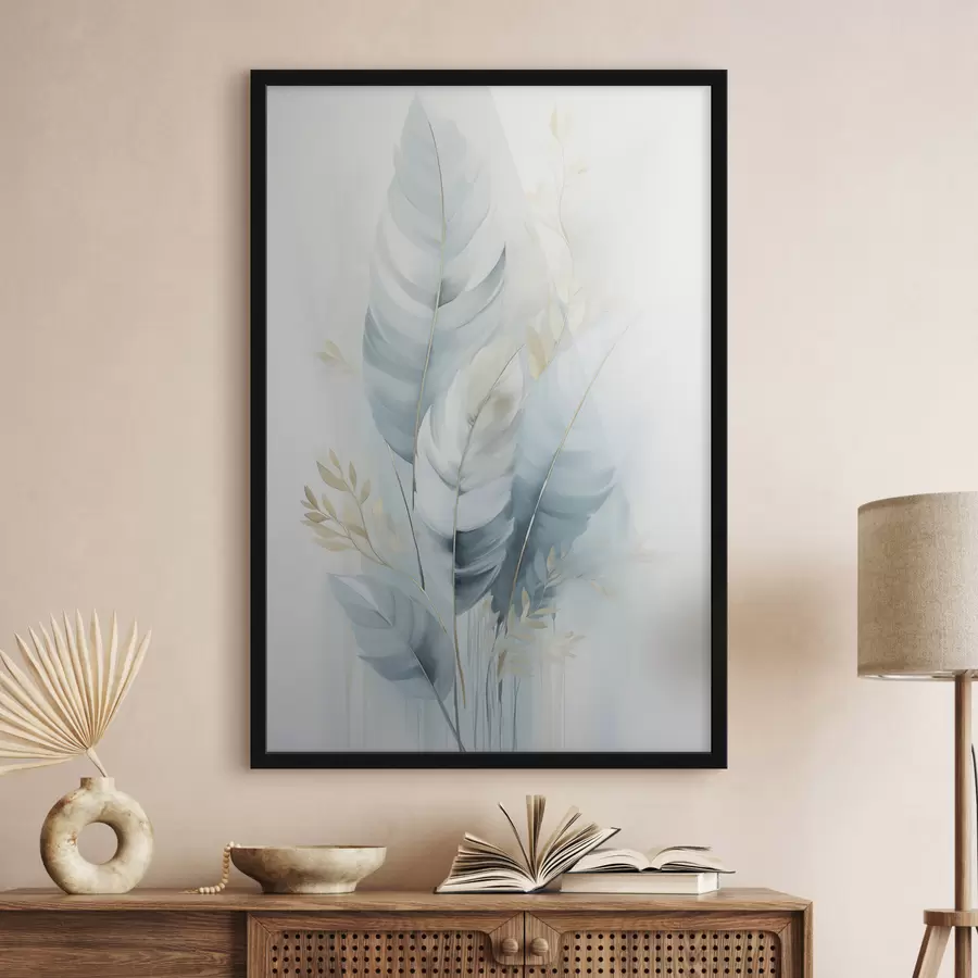 Fotobehang Grote, zachte veren in blauw- en wittinten met delicate beige blaadjes f48749