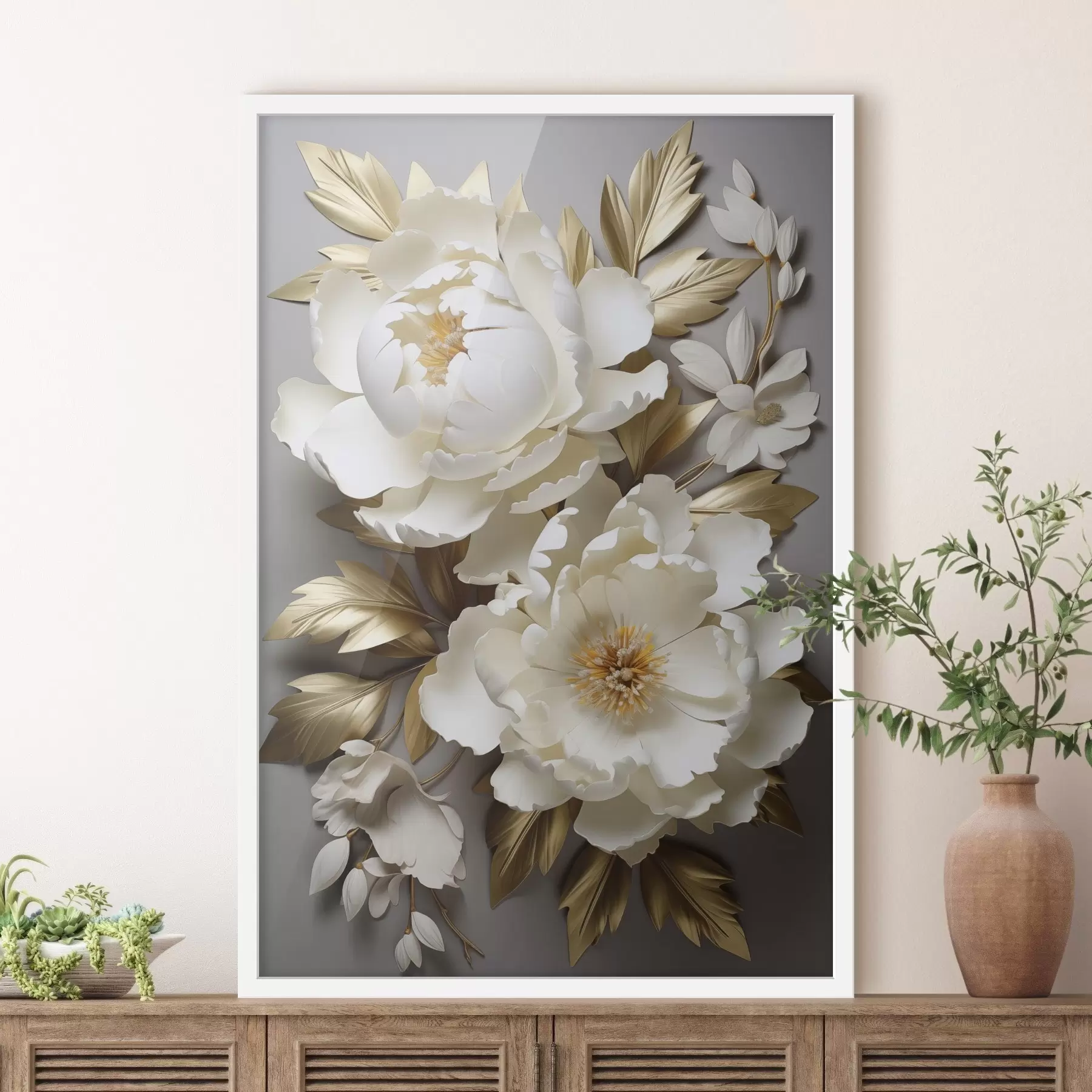 Fotobehang Grote witte pioenrozen met gele bladeren tegen een grijze achtergrond f48753