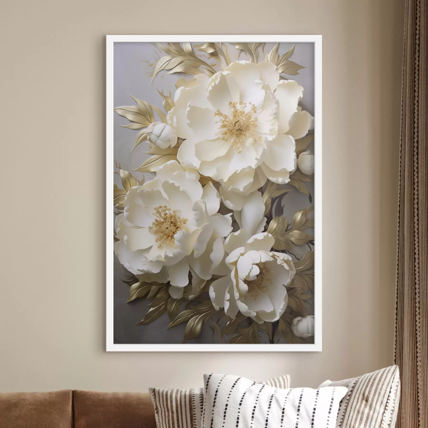 Fotobehang Grote witte pioenrozen met gele bladeren tegen een grijze achtergrond f48754