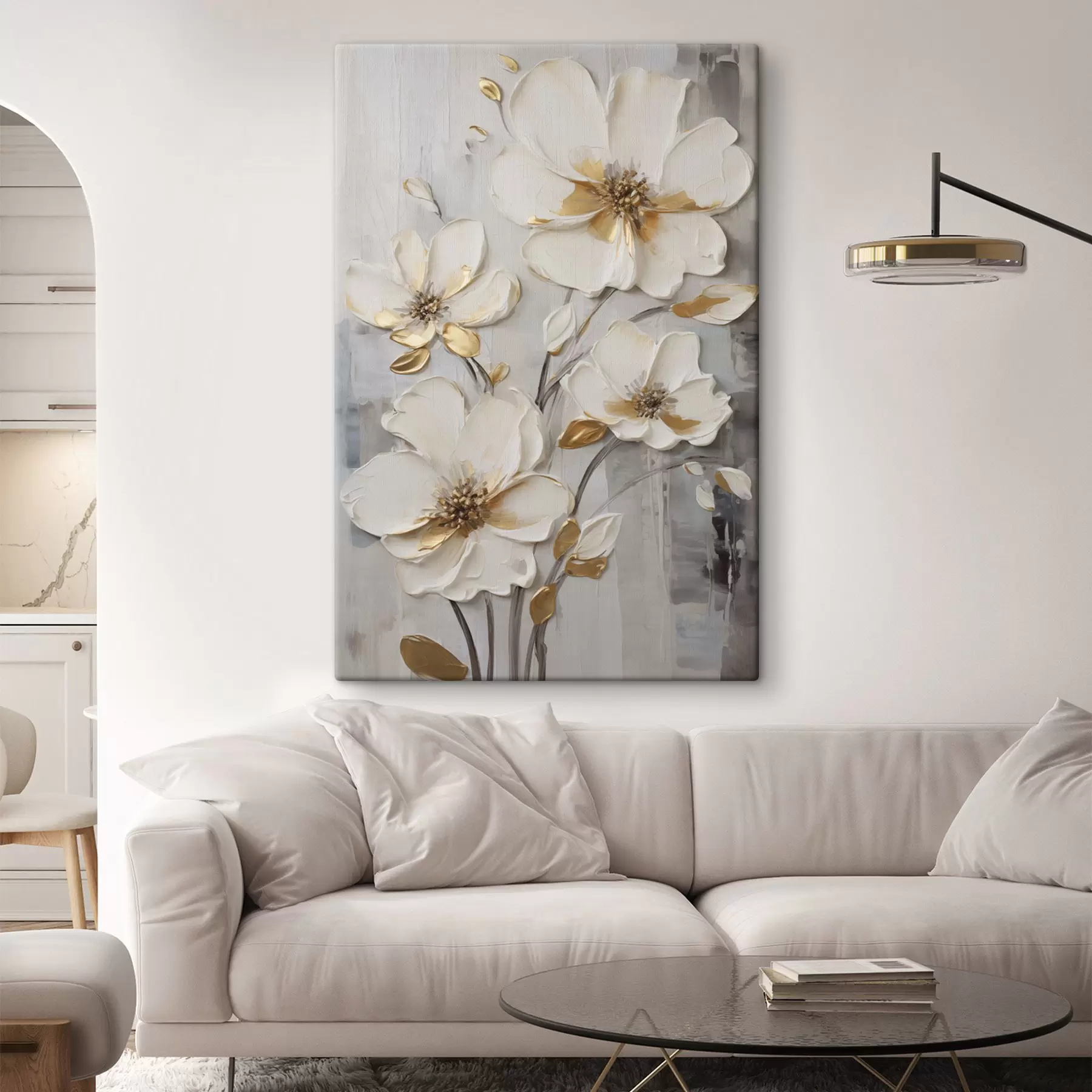  Schilderijen Witte bloemen met gele accenten op een structuurrijke achtergrond s48721