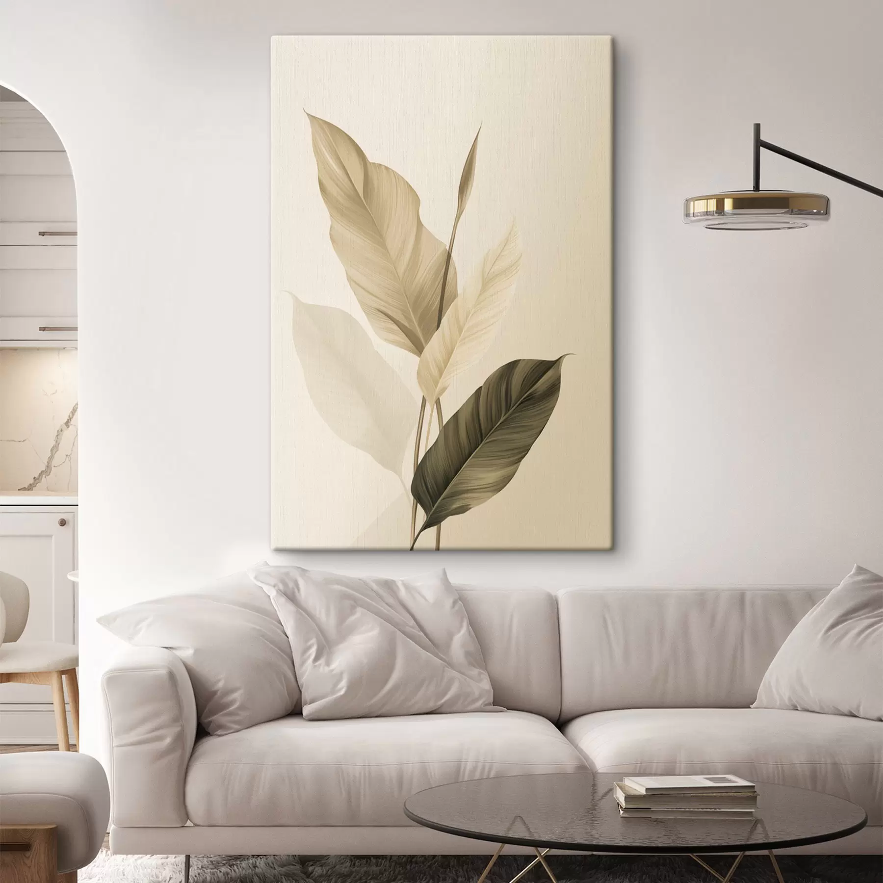 Schilderijen Grote tropische bladeren in beige- en bruintinten, lichte achtergrond s48725