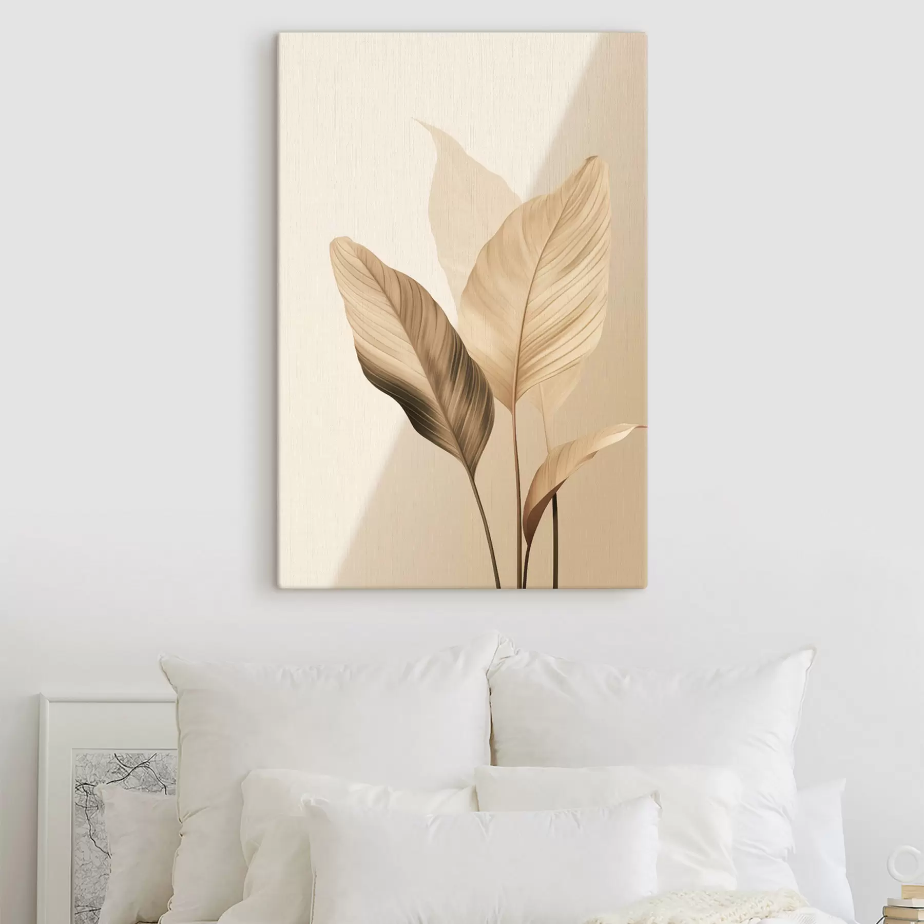  Schilderijen Grote tropische bladeren in beige- en bruintinten, lichte achtergrond s48726