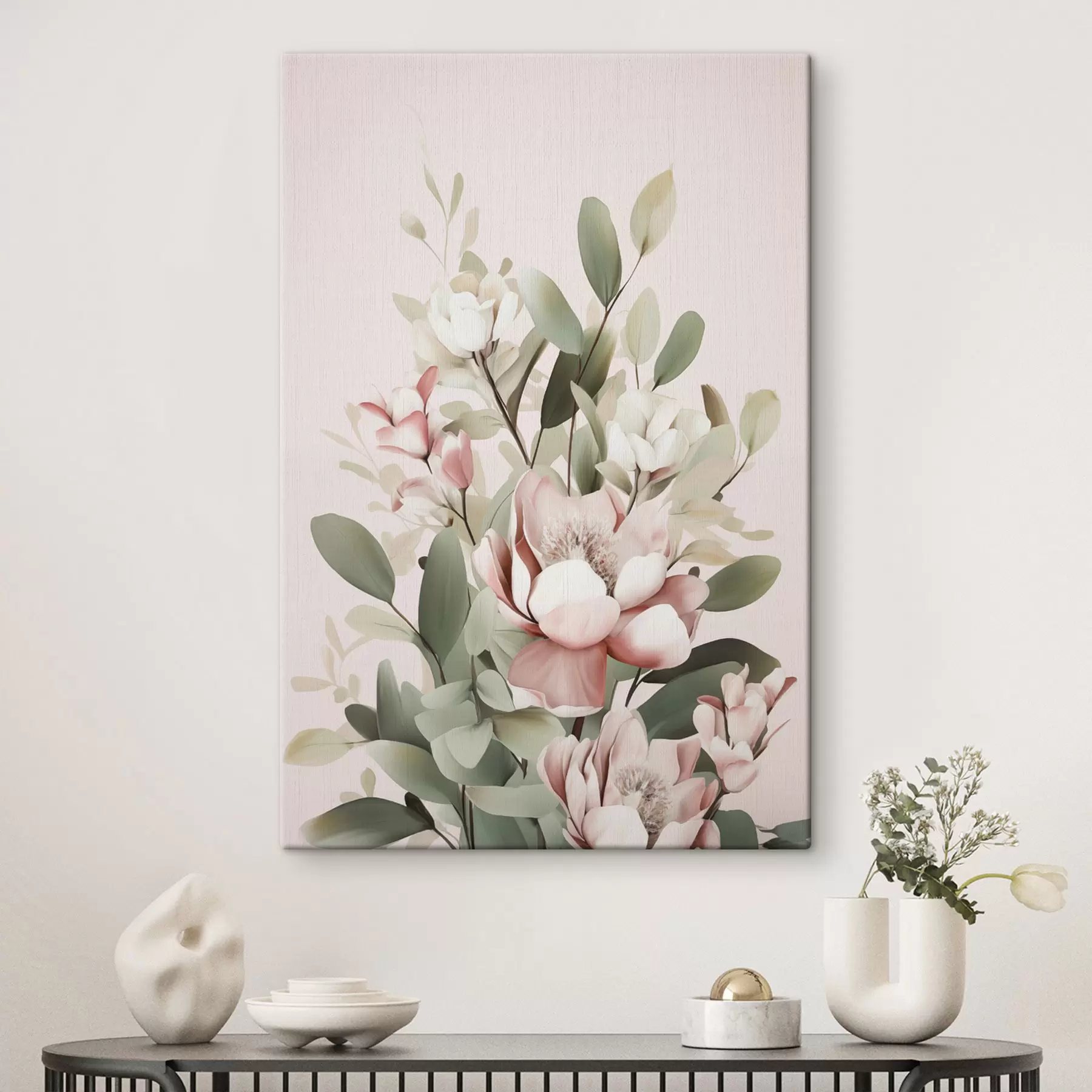  Schilderijen Een boeket pastelkleurige bloemen met eucalyptusbladeren, op een lichtroze achtergrond s48727