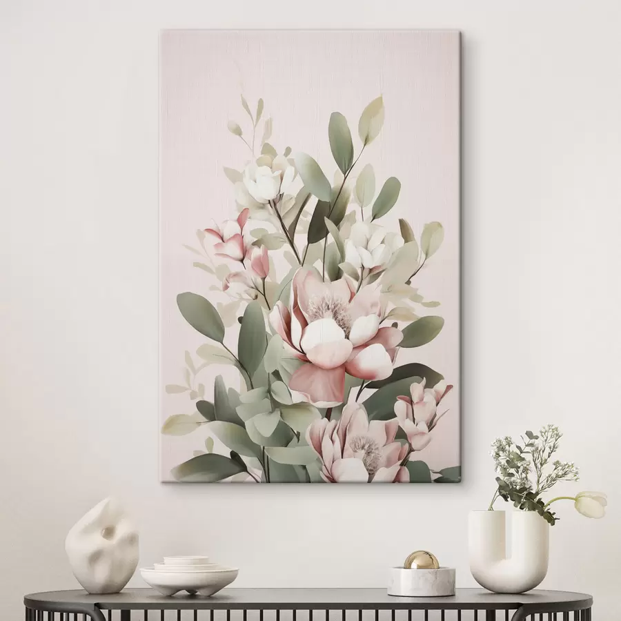  Schilderijen Een boeket pastelkleurige bloemen met eucalyptusbladeren, op een lichtroze achtergrond s48727