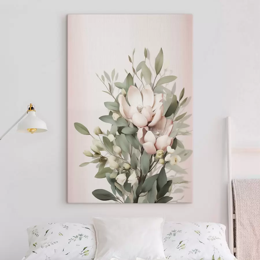  Schilderijen Een boeket pastelkleurige bloemen met eucalyptusbladeren, op een lichtroze achtergrond s48728