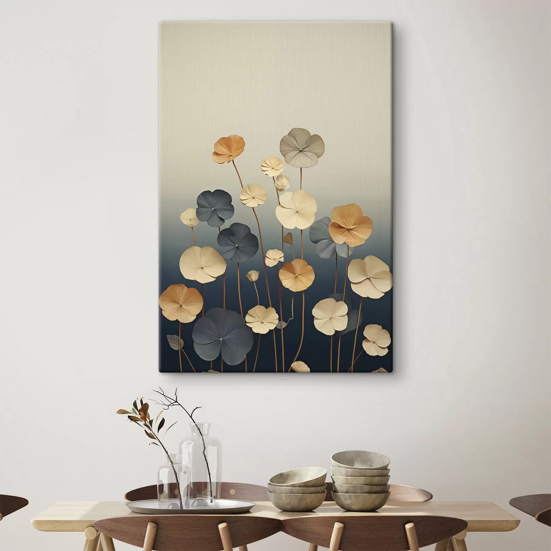  Schilderijen Waterlelieblaadjes tegen een ingetogen achtergrond van beige en donkerblauw s48733
