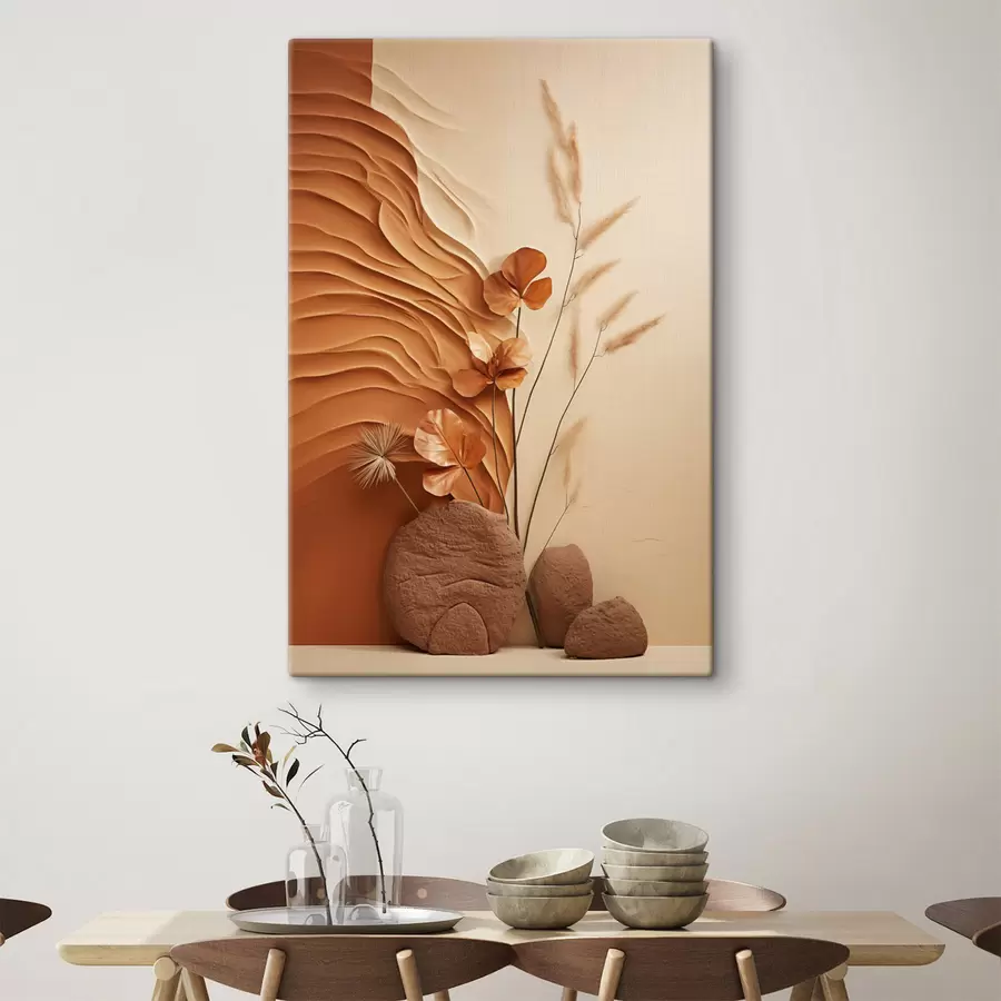  Schilderijen Een minimalistisch kunstwerk met gedroogde bloemen en pampasgras, op een achtergrond met textuur s48739