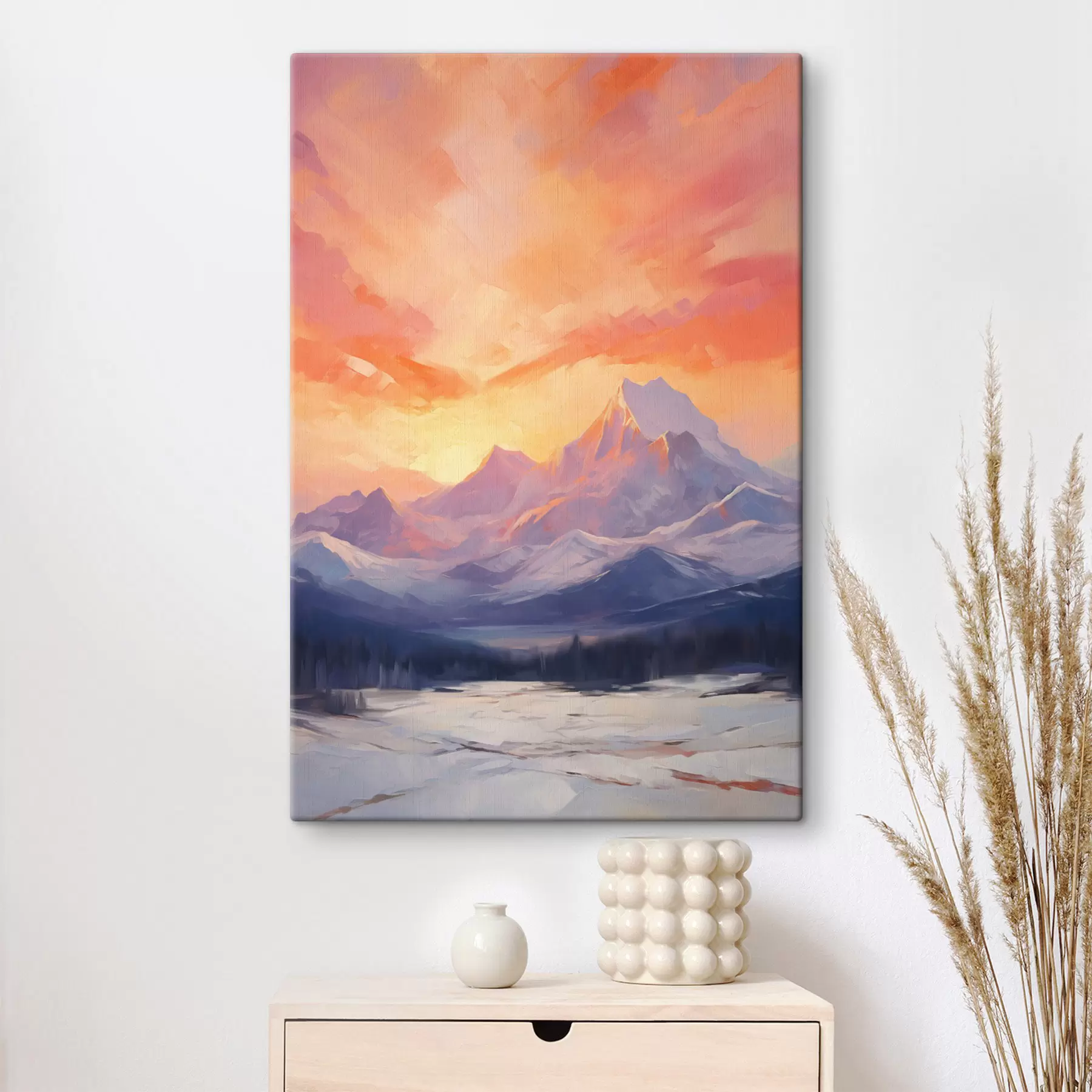  Schilderijen Met sneeuw bedekte bergen onder een levendige oranje en roze lucht met wolken s48741