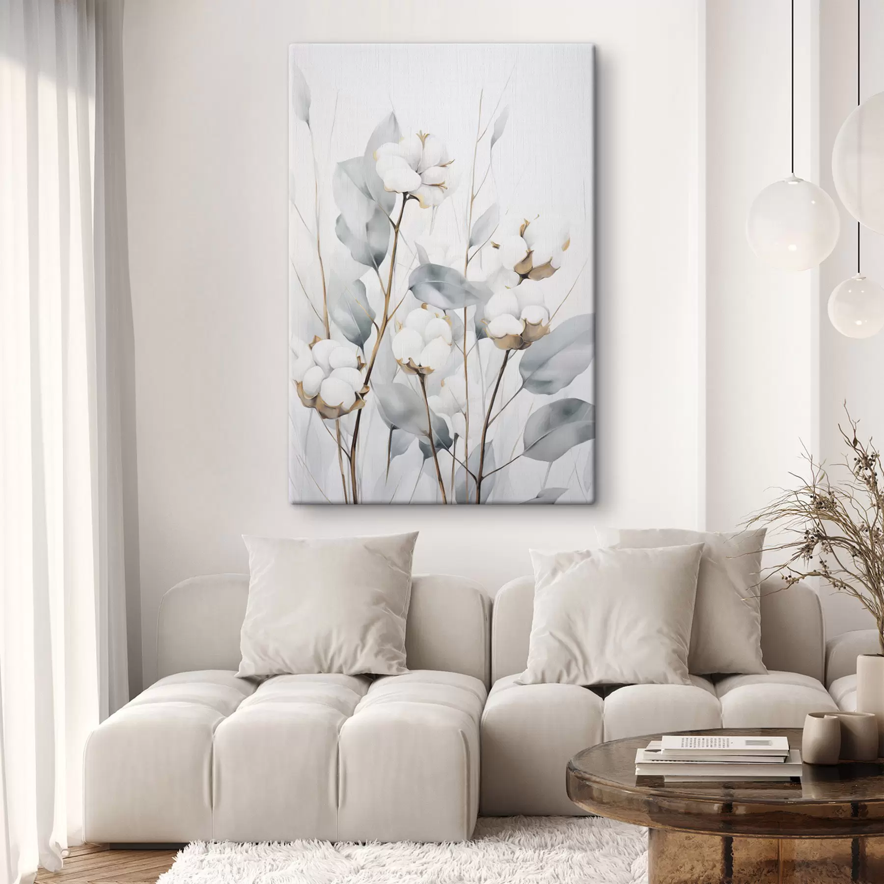  Schilderijen Een witte katoenplant met lichtblauwgroene bladeren tegen een lichte achtergrond s48743