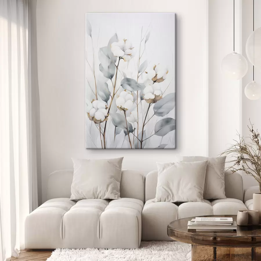  Schilderijen Een witte katoenplant met lichtblauwgroene bladeren tegen een lichte achtergrond s48743