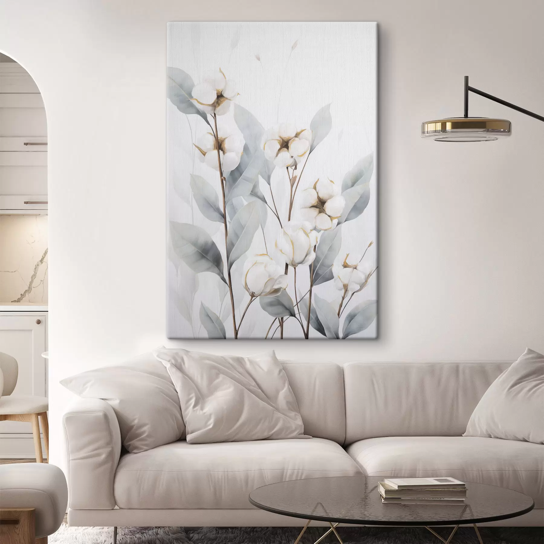  Schilderijen Een witte katoenplant met lichtblauwgroene bladeren tegen een lichte achtergrond s48744