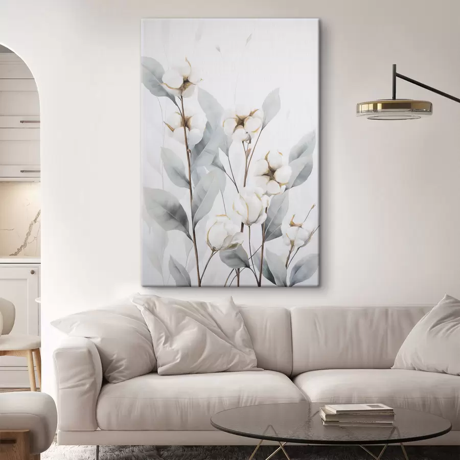  Schilderijen Een witte katoenplant met lichtblauwgroene bladeren tegen een lichte achtergrond s48744