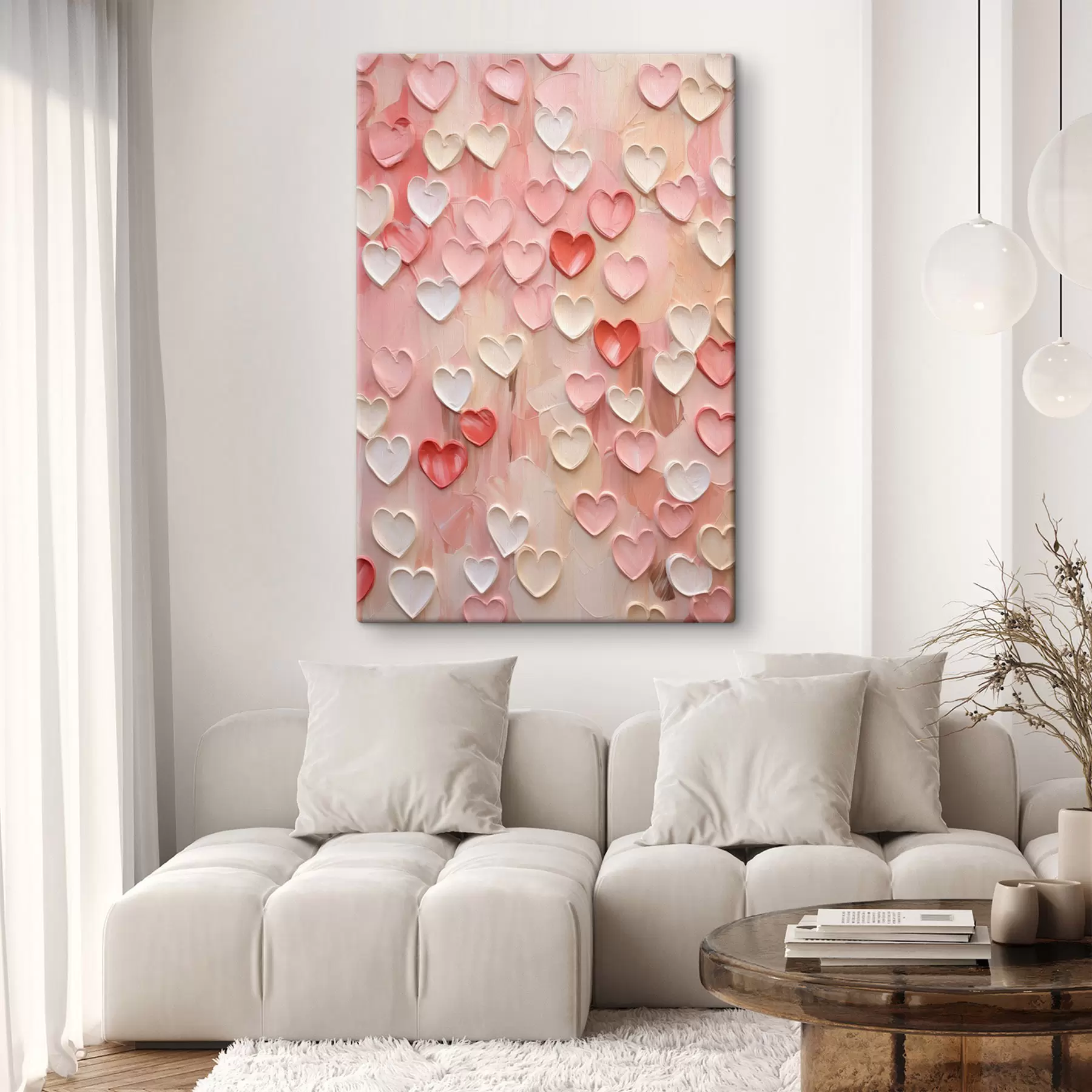  Schilderijen Hartjes in verschillende tinten perzik en roze, uitgevoerd in een gestructureerde, geschilderde stijl s48752