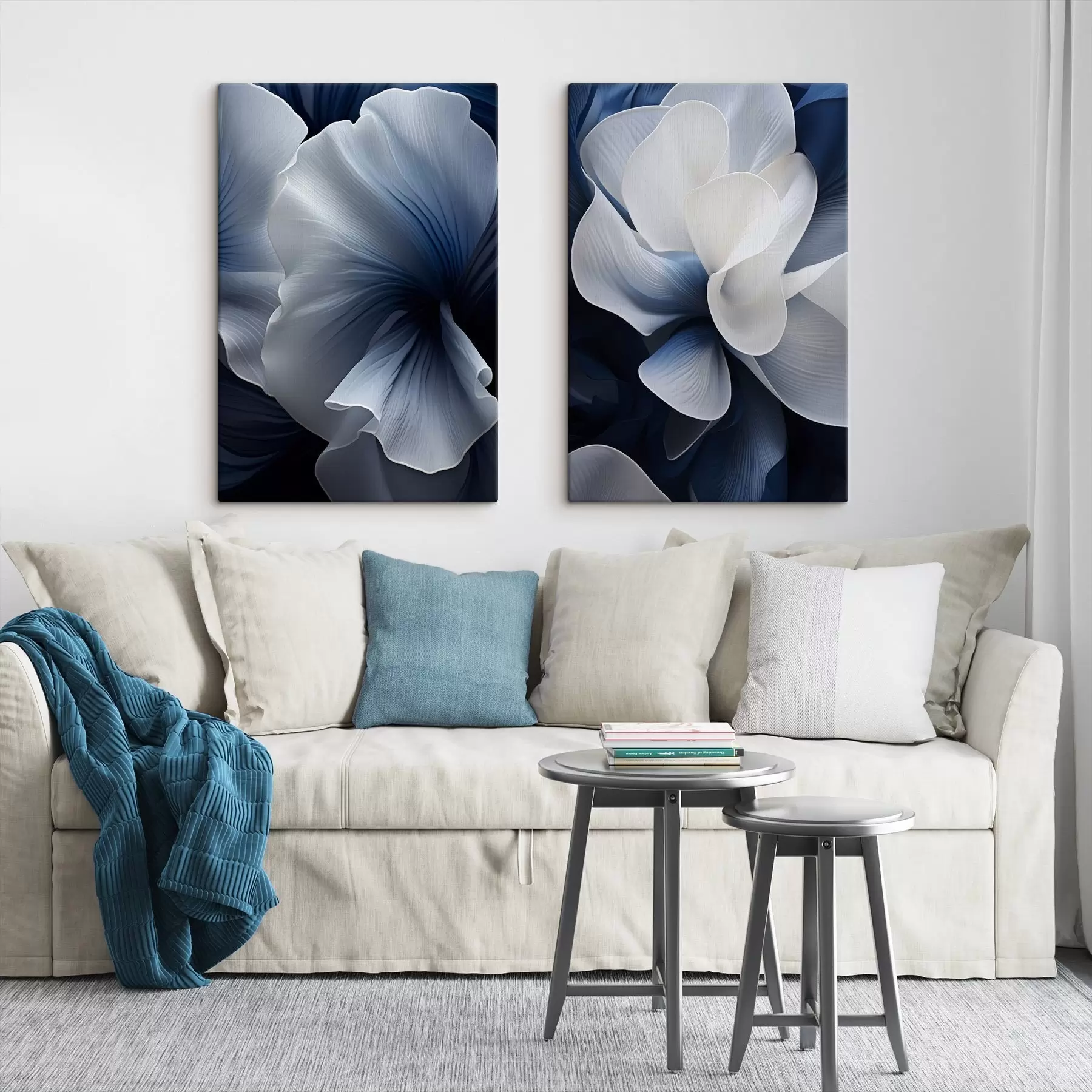  Schilderijen Abstracte blauw-witte bloemblaadjes tegen een donkere achtergrond m30316