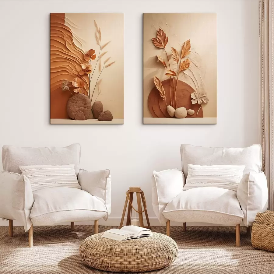  Schilderijen Een minimalistisch kunstwerk met gedroogde bloemen en pampasgras, op een achtergrond met textuur m30320