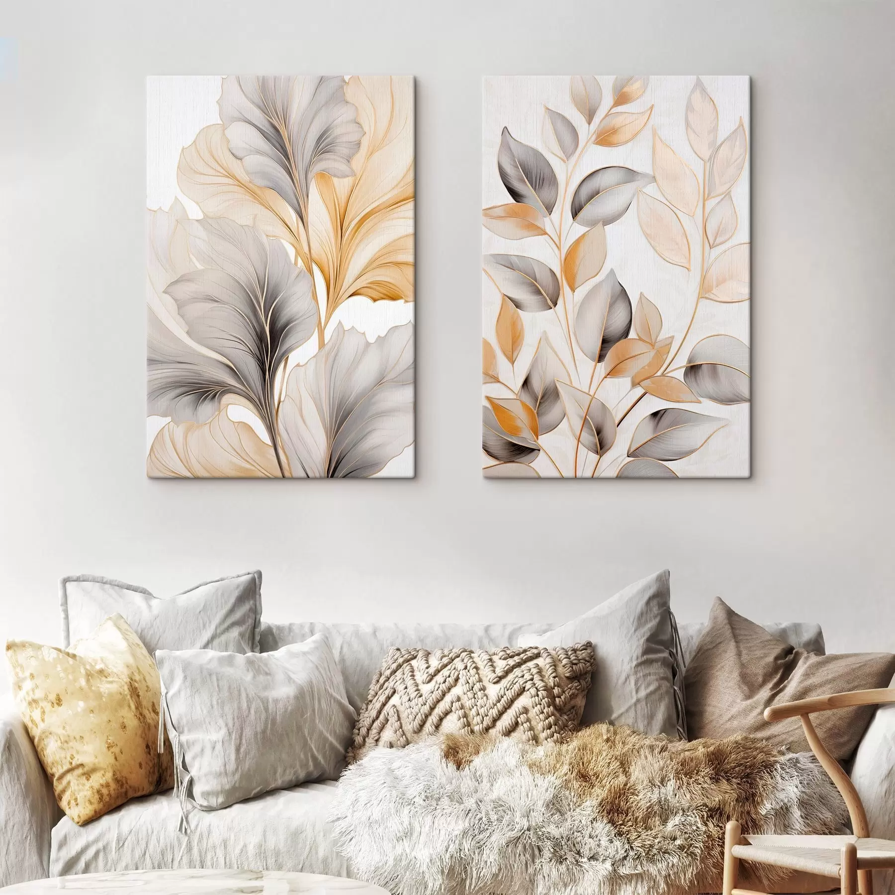  Schilderijen Grote, doorschijnende bladeren in grijze en gele tinten m30323