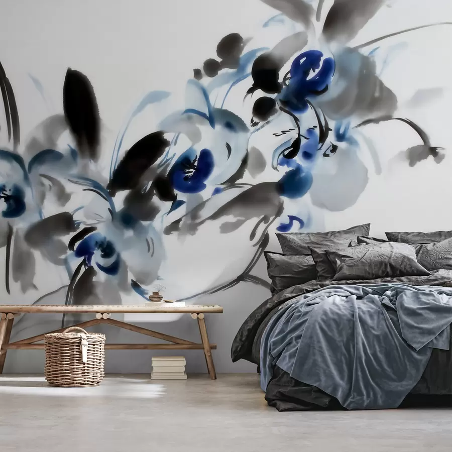 Fotobehang elegante abstracte bloemen in een oosterse aquarelstijl met blauwe en zwarte accenten, orchideeën w09797