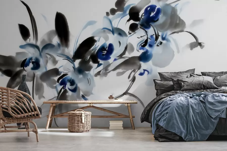 Fotobehang elegante abstracte bloemen in een oosterse aquarelstijl met blauwe en zwarte accenten, orchideeën w09797