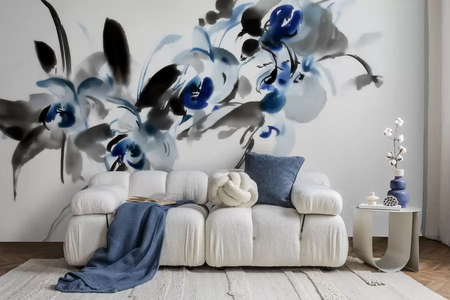Fotobehang elegante abstracte bloemen in een oosterse aquarelstijl met blauwe en zwarte accenten, orchideeën w09797