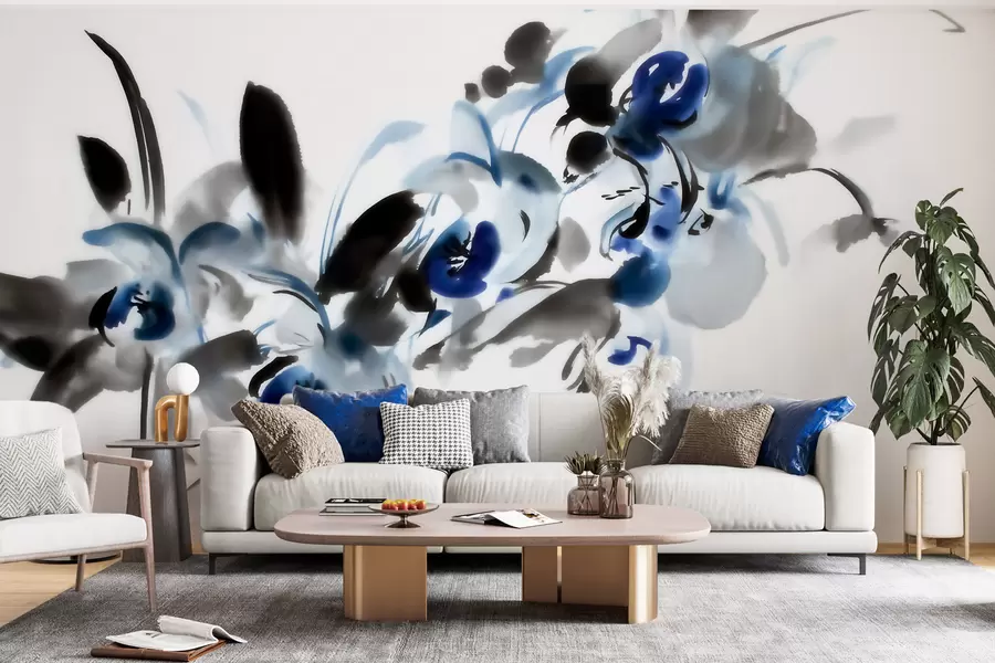 Fotobehang elegante abstracte bloemen in een oosterse aquarelstijl met blauwe en zwarte accenten, orchideeën w09797