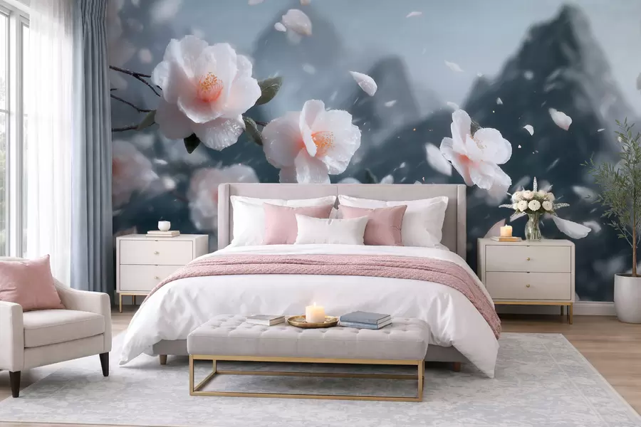 Fotobehang Fijne kersenbloesembloesems tegen een bergachtige achtergrond, sfeervol Japans landschap in pasteltinten w09808