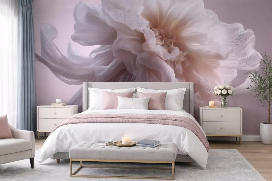 Fotobehang Volumineuze zijden bloem in zachte roze en beige tinten w09809
