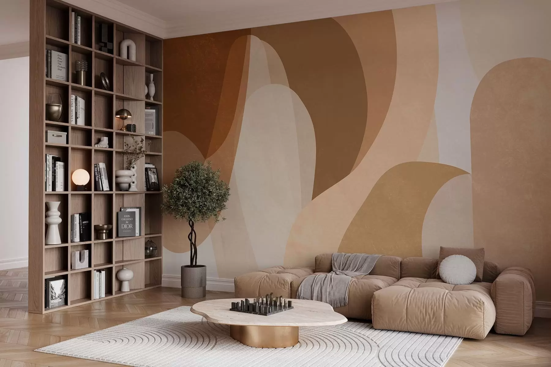 Fotobehang abstracte rondingen in bruine, beige en kastanjebruine tinten w05387