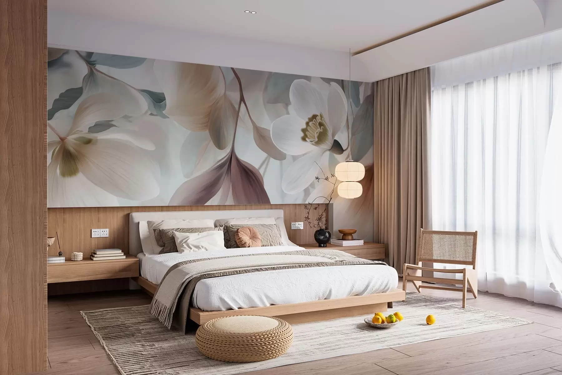 Fotobehang een verfijnde compositie van bloemen en bladeren in pasteltinten w05240