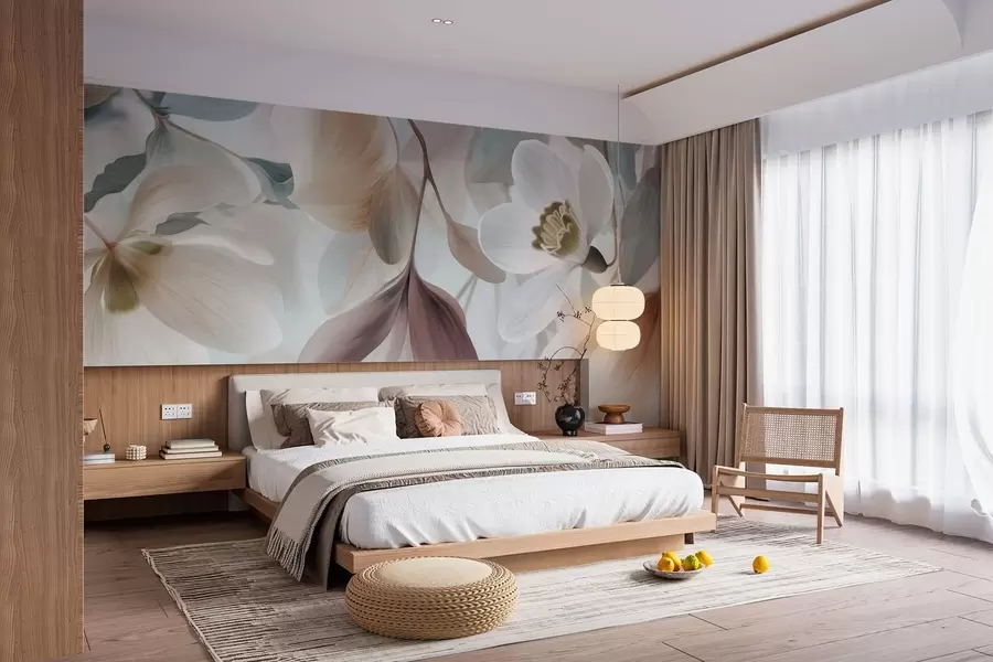 Fotobehang een verfijnde compositie van bloemen en bladeren in pasteltinten w05240