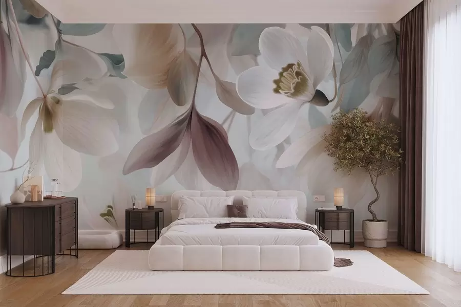 Fotobehang een verfijnde compositie van bloemen en bladeren in pasteltinten w05240