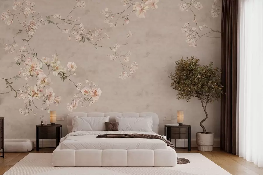 Fotobehang Chinoiserie: delicate bloemtakken op een lichte achtergrond w05427