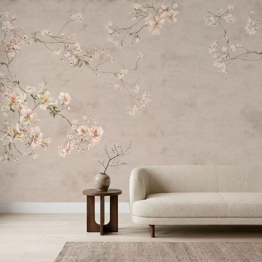 Fotobehang Chinoiserie: delicate bloemtakken op een lichte achtergrond w05427