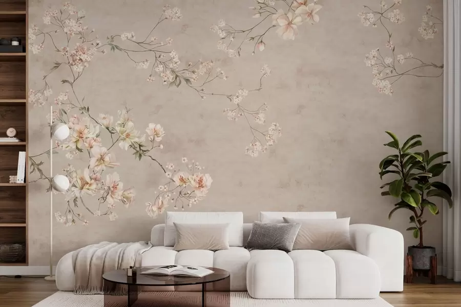 Fotobehang Chinoiserie: delicate bloemtakken op een lichte achtergrond w05427