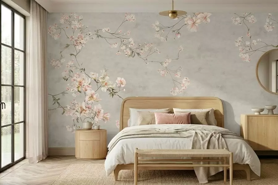 Fotobehang Bloemtakken in chinoiserie-stijl op een grijze achtergrond w05427v1