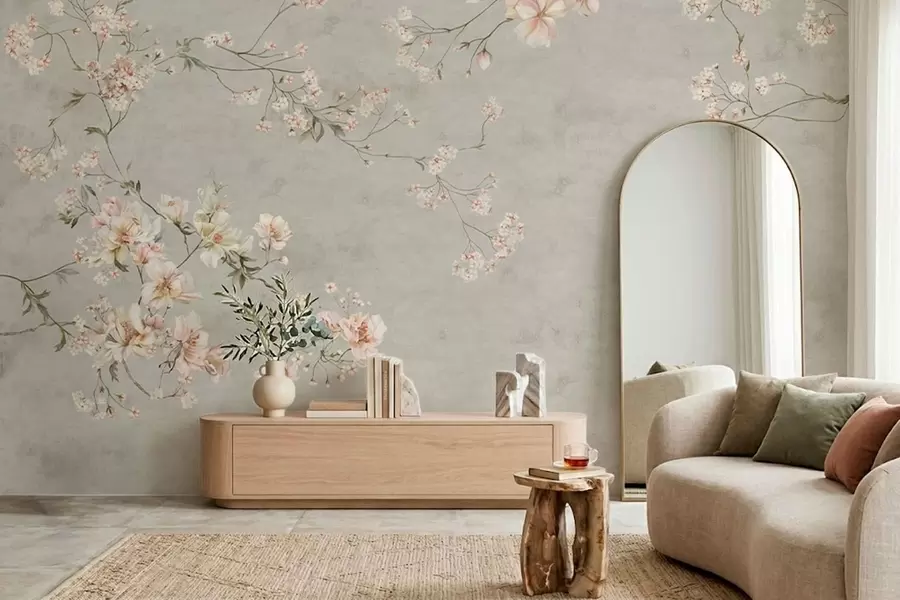 Fotobehang Bloemtakken in chinoiserie-stijl op een grijze achtergrond w05427v1