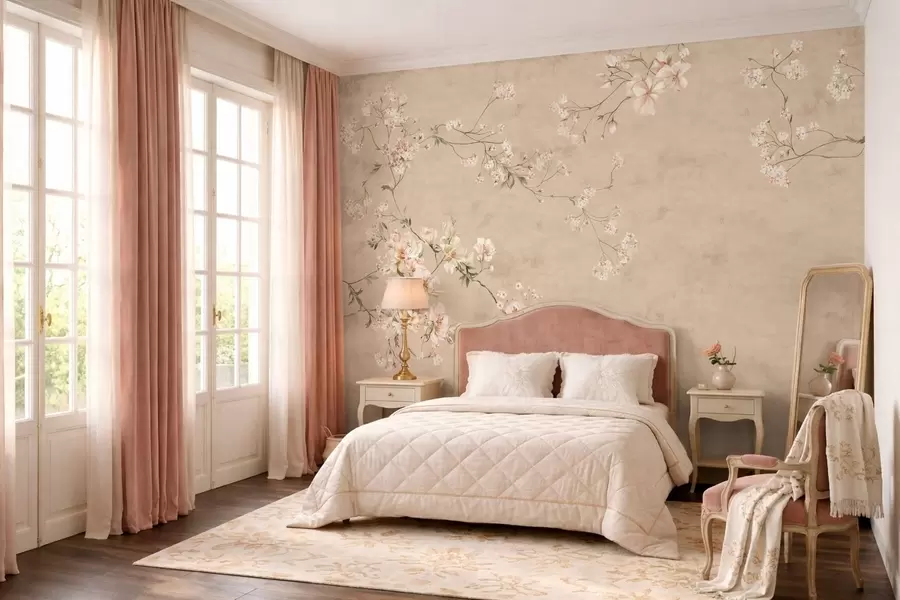Fotobehang Bloemtakken in chinoiserie-stijl op een warmbeige achtergrond w05427v2