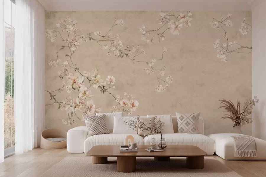 Fotobehang Bloemtakken in chinoiserie-stijl op een warmbeige achtergrond w05427v2