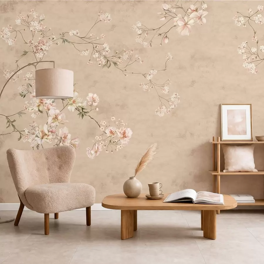 Fotobehang Bloemtakken in chinoiserie-stijl op een warmbeige achtergrond w05427v2