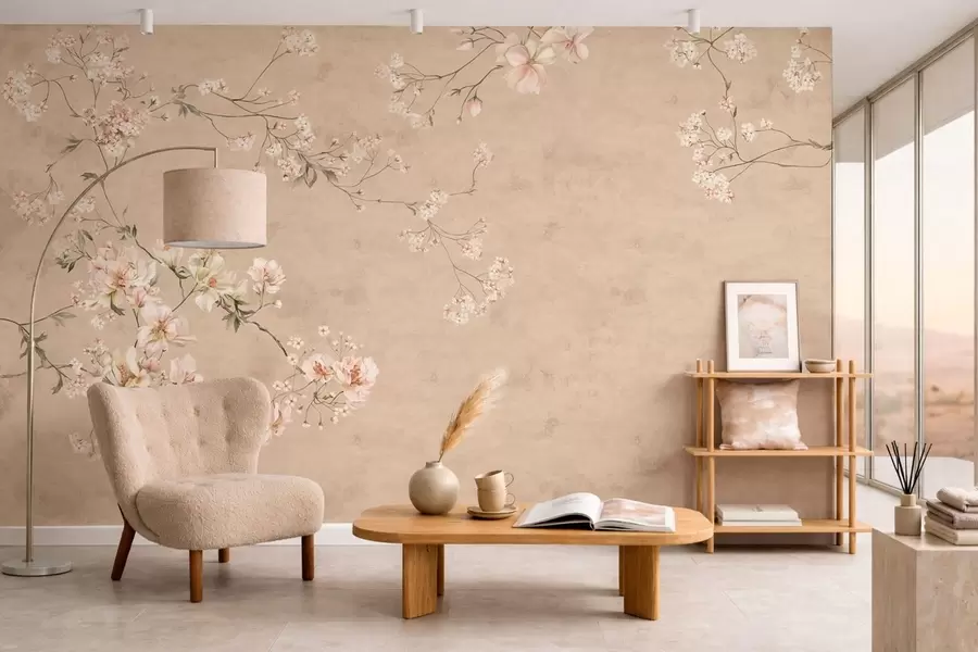 Fotobehang Bloemtakken in chinoiserie-stijl op een warmbeige achtergrond w05427v2