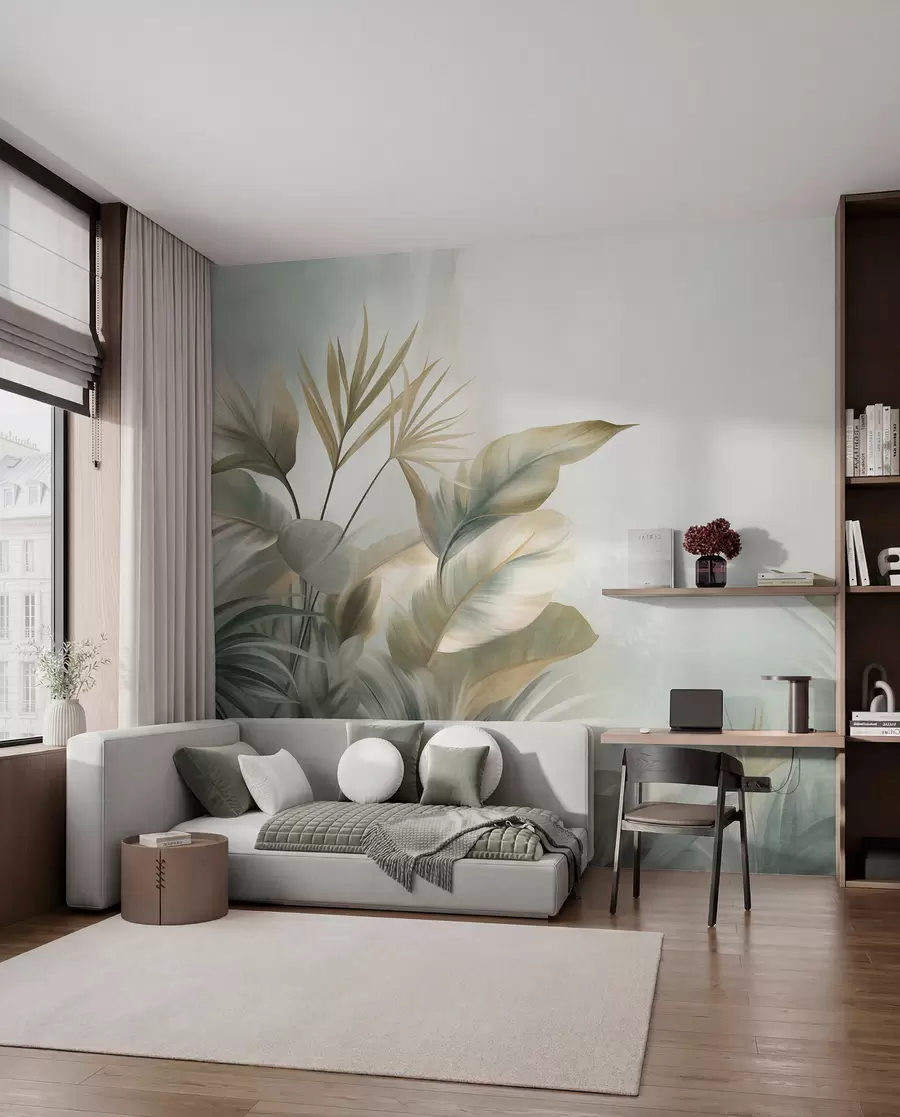 Fotobehang Grote, gestructureerde tropische bladeren in gedempte groene en beige tinten, een jungleomgeving w09820