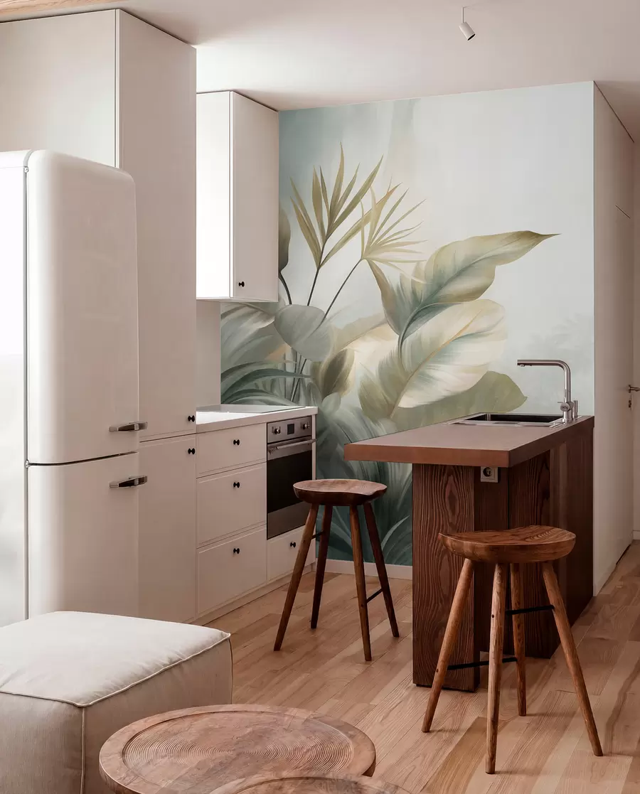 Fotobehang Grote, gestructureerde tropische bladeren in gedempte groene en beige tinten, een jungleomgeving w09820