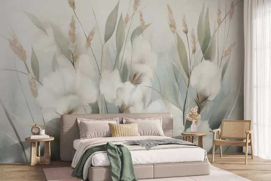 Fotobehang Witte gedroogde bloemen en hoog gras tegen een zachte, ingetogen achtergrond, geschilderd in impressionistische stijl w09823